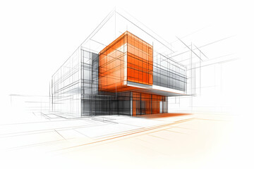 Sketch of a modern house with orange details.