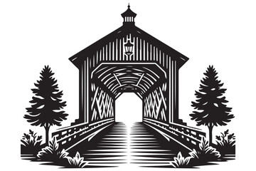 Scenic Covered Bridge Illustration for Travel and Historic Preservation Design