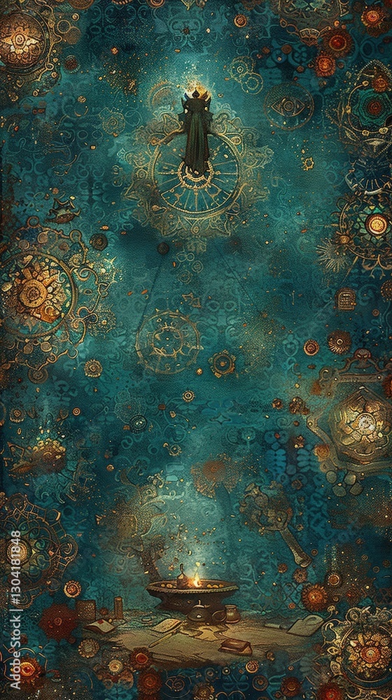Poster a mystical scene featuring intricate patterns and a central flame, surrounded by celestial elements 