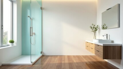 Modern minimalist bathroom design featuring a walk-in shower and floating vanity