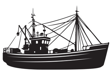 Commercial Fishing Boat Silhouette Vector Artwork on Sea