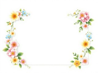 Fototapeta premium Generative A.I. creates a delicate floral frame with pastel flowers and lush green leaves, forming an elegant border for invitations, cards, or decorative designs with a soft, romantic touch