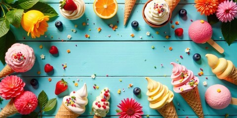 A delightful arrangement of frozen desserts, colorful sprinkles, and vibrant flowers on a turquoise wooden surface