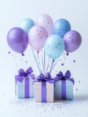 Pastel colored balloons tied to gift boxes with purple ribbons and sparkling confetti