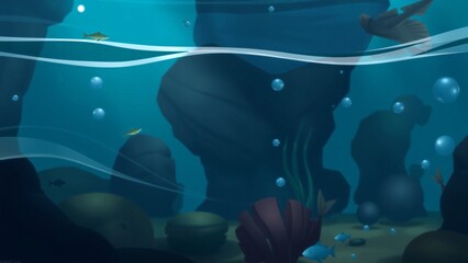 Serene Underwater Scene Cartoon Style Ocean Floor with Fish and Rocks