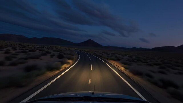 Car driving on desert road at sunset and night