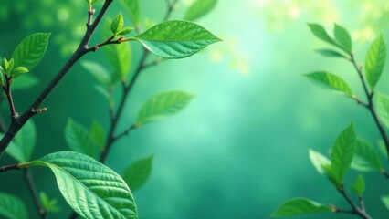 Fototapeta premium Vibrant Green Leaves on Slender Branches, a Serene Springtime Nature Scene Featuring Fresh Foliage and a Soft, Dreamy Background
