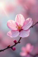 Obraz premium A Delicate Pink Blossom on a Branch, Illuminated by Soft Sunlight, with Blurred Background of Similar Flowers