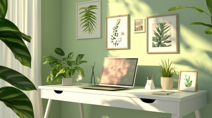 Sunny home office desk with plants