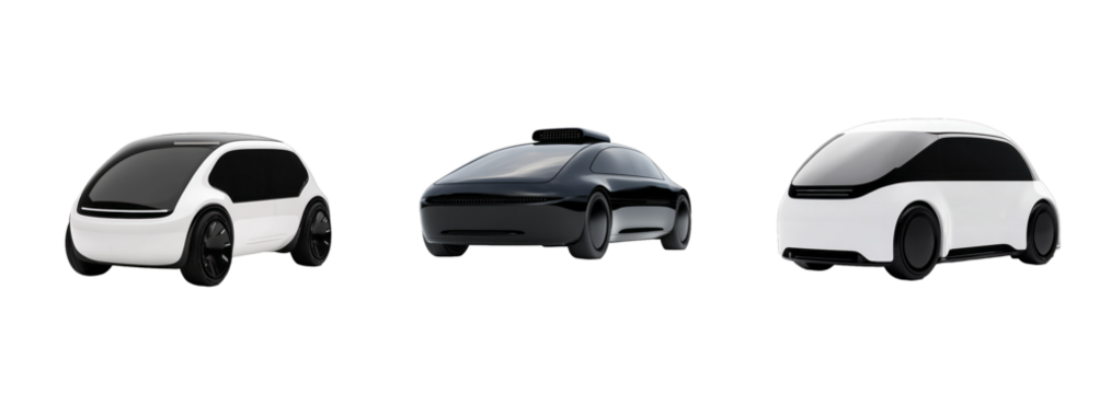 Collection of futuristic autonomous electric vehicles isolated on a transparent background, symbolizing innovation and sustainable transportation solutions