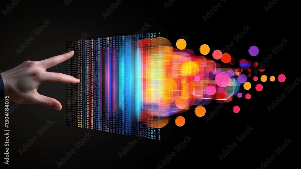 Poster digital transformation concept with glowing data stream and colors
