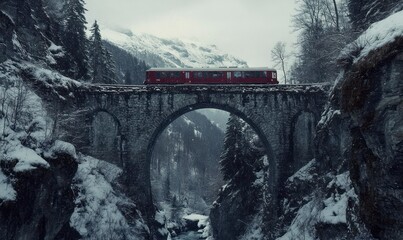 Red train on the arched stone bridge in the winter mountains of Switzerland. A perfectly symmetrical photograph, centered with copy space