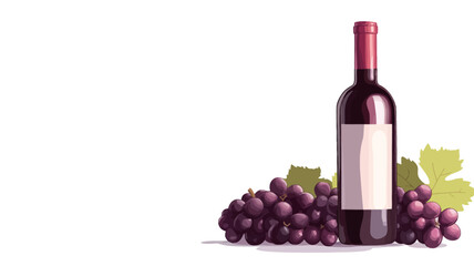 Obraz premium A digital illustration depicts a bottle of red wine standing upright. The bottle has a blank label and a red cap. To the left and slightly in front of the wine bottle is a cluster of dark