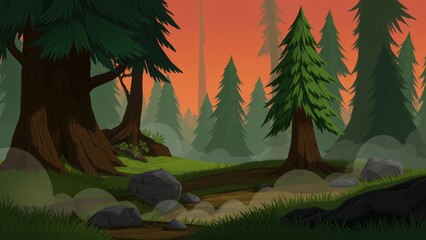 Misty Forest Path at Sunset - Cartoon Style Background Illustration
