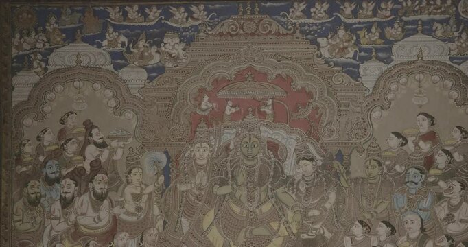 Ramapattabhisheka Tableau. Scene Has Rama And Sita On Throne, As Hanuman Kneels And Supports Lord Ramas Right Foot. Ungraded C LOG 2 Couple Is Flanked By Ramas Brothers, Vibhishana, Allies, Rishis