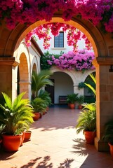 Fototapeta premium Courtyard with Arched Entryway and Potted Plants