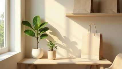 Sunlight illuminates a minimalist workspace featuring potted plants and a paper shopping bag on a light wood desk