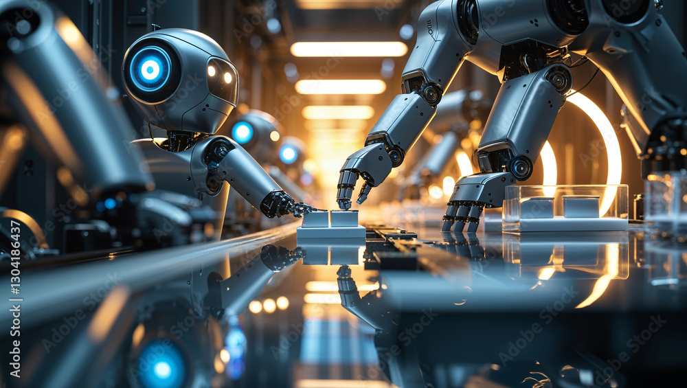 Poster robots working together on production line in modern factory setting during late afternoon