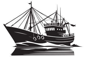 Detailed Fishing Boat Silhouette Vector Illustration for Nautical Designs