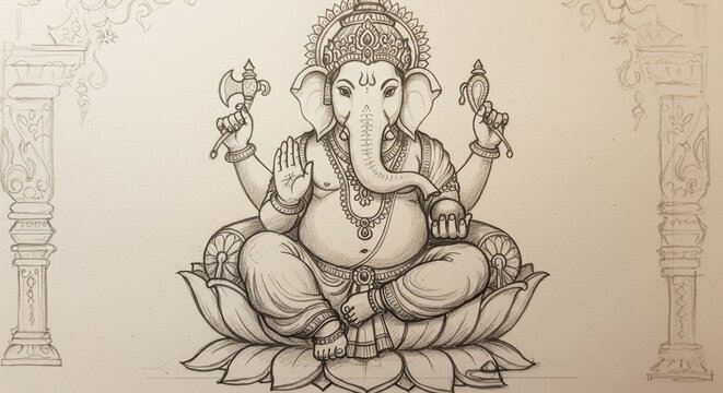 Ganesha Sketch Seated on Lotus Flower with Decorative Pillars Artwork