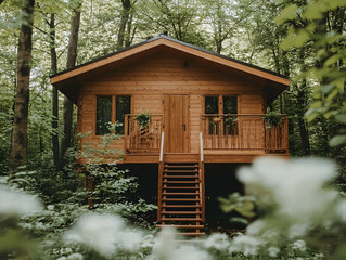 Wooden cabin with a wooden staircase and door front view.