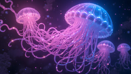 Obraz premium jellyfish in the sea, Surreal Abstract Scene of Glowing Jellyfish-Like Forms in Deep Space