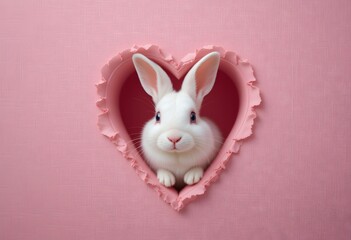 Cute White Bunny in Pink Heart Hole, Adorable Rabbit Peeking Through Love Symbol, Valentines day concept