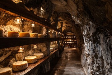 A cheese cave features artisanal cheeses aging on wooden shelves amid natural stone walls, promoting optimal humidity and temperature for flavor development.
