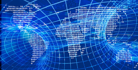 Horizontal futuristic background with mesh tunnel, map of the world from a binary code and abstract circuit board. Global communication, cyber technology, internet and networking concept. 3d render