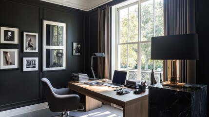 Modern home office, desk, window view, sunlight, dark walls, work