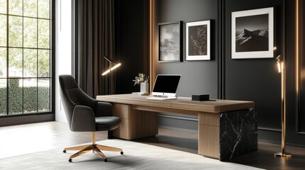 Modern home office with desk, chair, and window view