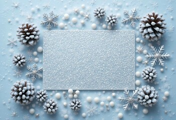 Christmas Winter Frame with Snowflakes and Pine Cones, Festive Holiday Border with Blank Space for Text. frosted design