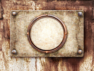 Old metallic plank with rivets and round frame. Vintage metal plate with nails. Can be used for steampunk, retro and vintage design. Mock up template. Copy space for text