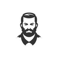 Brutal male vintage portrait barbershop black minimalist icon for logo vector illustration. Hipster man with old fashioned hairstyle mustache beard quality gentleman grooming service badge