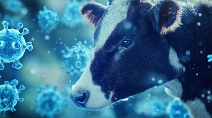 A close-up of a cow's face surrounded by floating blue virus-like shapes, highlighting themes of health and veterinary science.