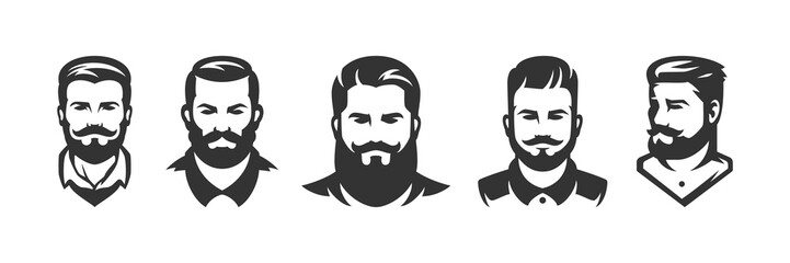 Brutal man with beard and mustache portrait barbershop icon set vector illustration. Barber shop male strong portrait hipster fashion hairstyle coiffure gentleman grooming service monochrome badge