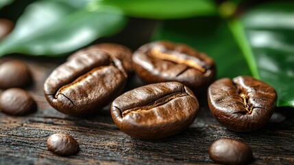 Roasted coffee beans arranged artistically with green leafy background