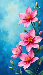 Obraz premium - Vibrant watercolour painting of pink and orange flowers against a blue background, flowers, background