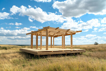 Wooden house under construction, panoramic view of the wooden structure against a blue sky.