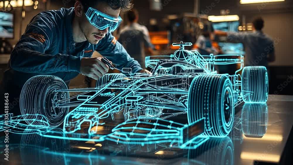 Aufkleber man repairs race car with augmented reality display in a futuristic workshop environment
