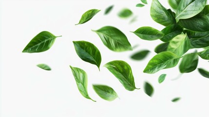 Fototapeta premium Green Leaves Falling Against a White Background