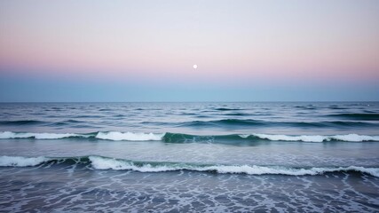 serene beach scene at dusk with gentle waves, soft moonrise, relaxation, tranquil, calm