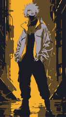 A stylish anime-style male character with spiky white hair, wearing a black mask and futuristic streetwear
Cyberpunk-Style Anime Character in Yellow-Toned Futuristic Streetwear  confident stance with 