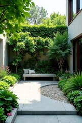 Serene Courtyard Oasis A Tranquil Escape Featuring Lush Greenery, a Stone Bench, and a Pebble-Accentuated Patio