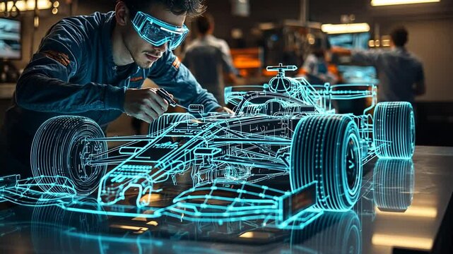 Man repairs race car with augmented reality display in a futuristic workshop environment - Powered by Adobe