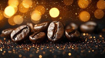 Roasted coffee beans displayed with festive bokeh lighting and sparkle