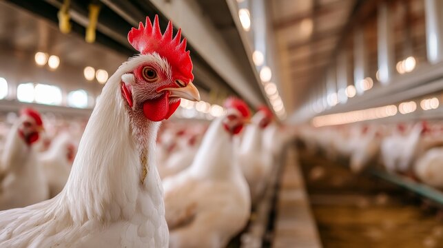A close-up of a chicken in a poultry farm, with others in the background, showcasing a clean and spacious environment for livestock.