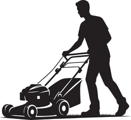 A Person Mowing Lawn with a Lawn Mower Silhouette Vector Illustration