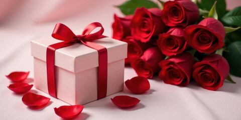 A Delicate Pink Gift Box Adorned with a Vibrant Red Ribbon, Nestled Among a Bouquet of Passionate Red Roses and Scattered Petals