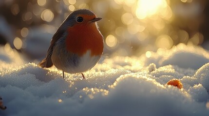 A small robin bird resting on the snow in golden sunlight